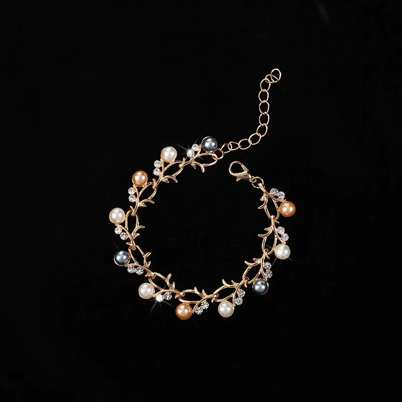 Bridal Evening Dress Dinner Pearl Accessories Alloy Rhinestone Necklace Earrings Bracelet Three-piece Set Simple Forest Style Jewelry