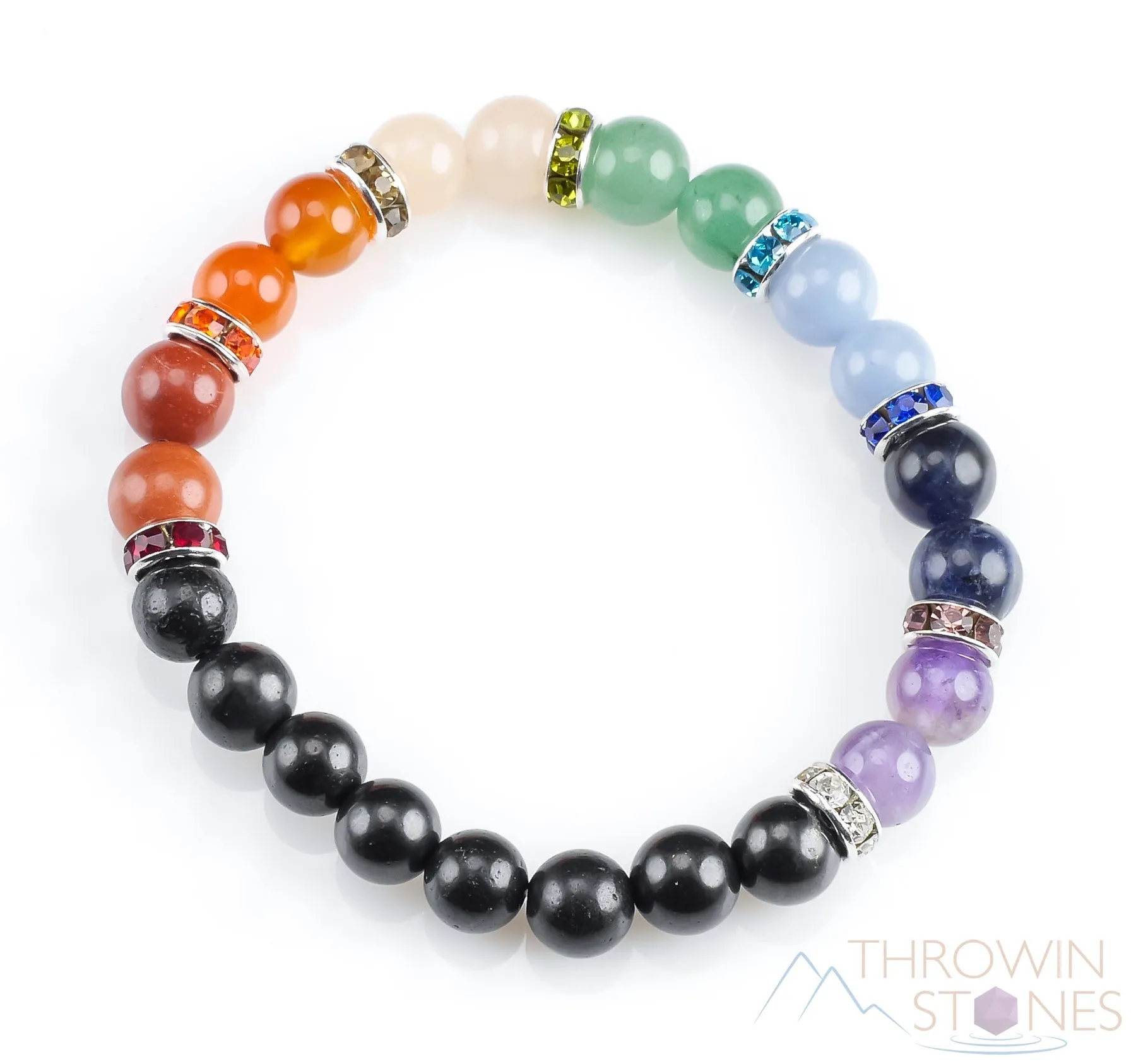 CHAKRA & SHUNGITE Crystal Bracelet - Round Beads - Beaded Bracelet, Handmade Jewelry, Healing Crystal Bracelet, E1356