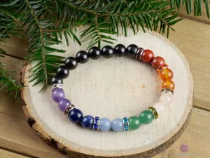 CHAKRA & SHUNGITE Crystal Bracelet - Round Beads - Beaded Bracelet, Handmade Jewelry, Healing Crystal Bracelet, E1356