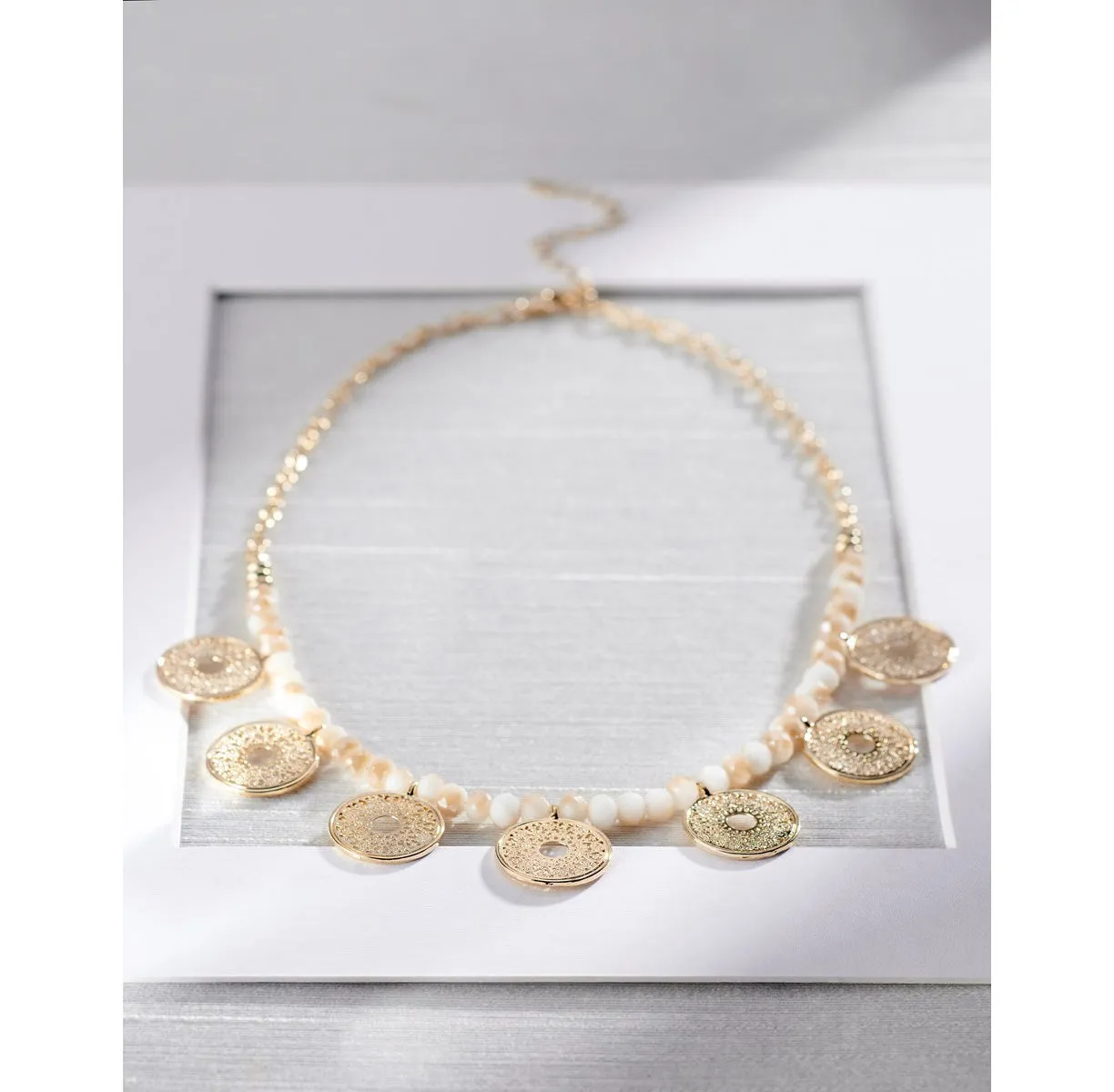 CHARLIE PAIGE Gold and White Beaded Disc Necklace