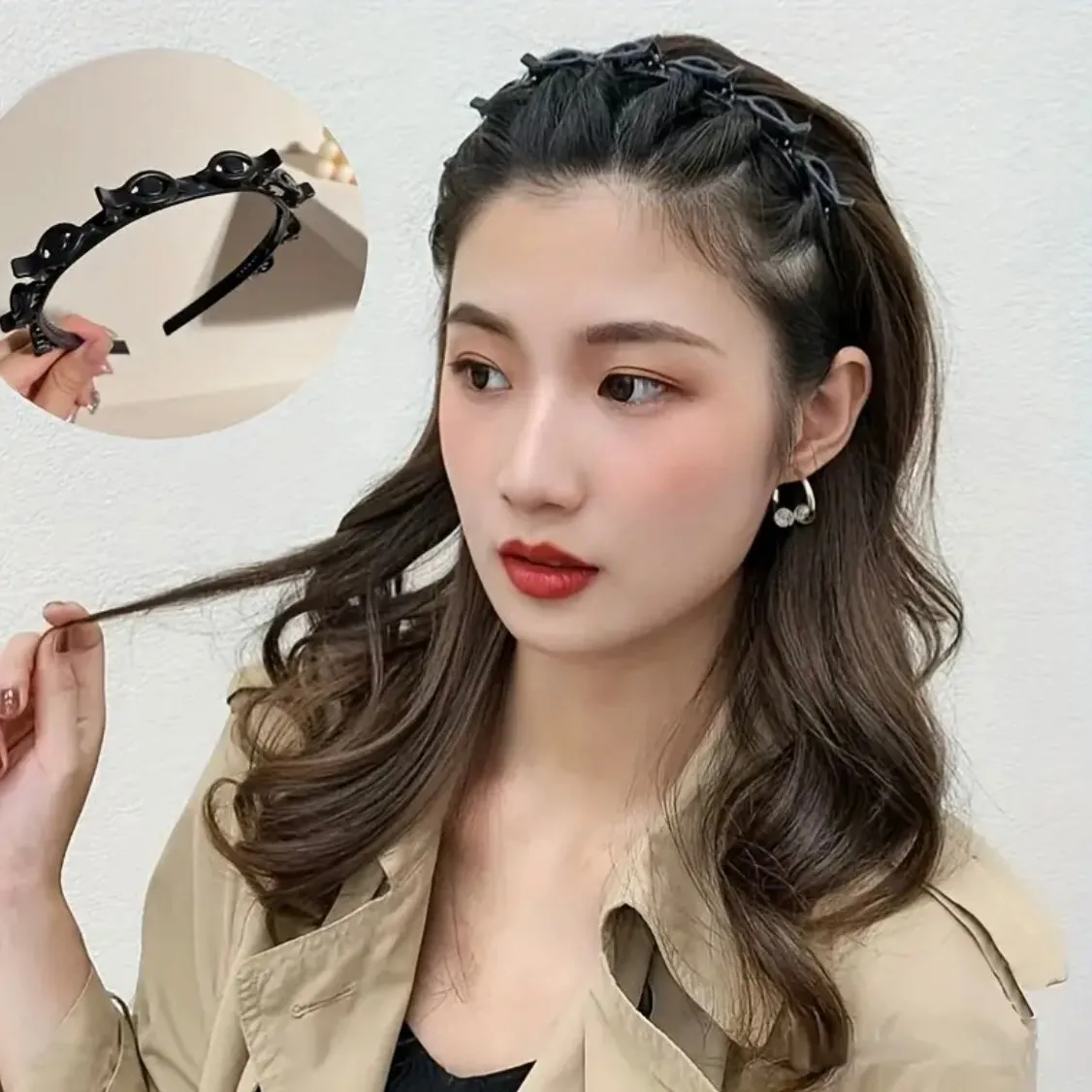 Chic Double-Layer Black Braided Headband Boho Style Resin Hair Clip Set