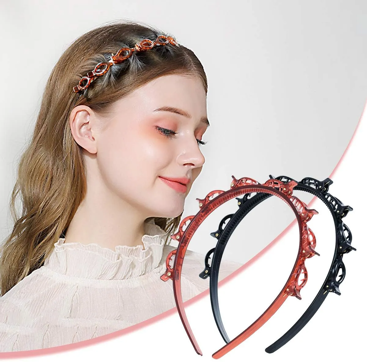 Chic Double-Layer Black Braided Headband Boho Style Resin Hair Clip Set