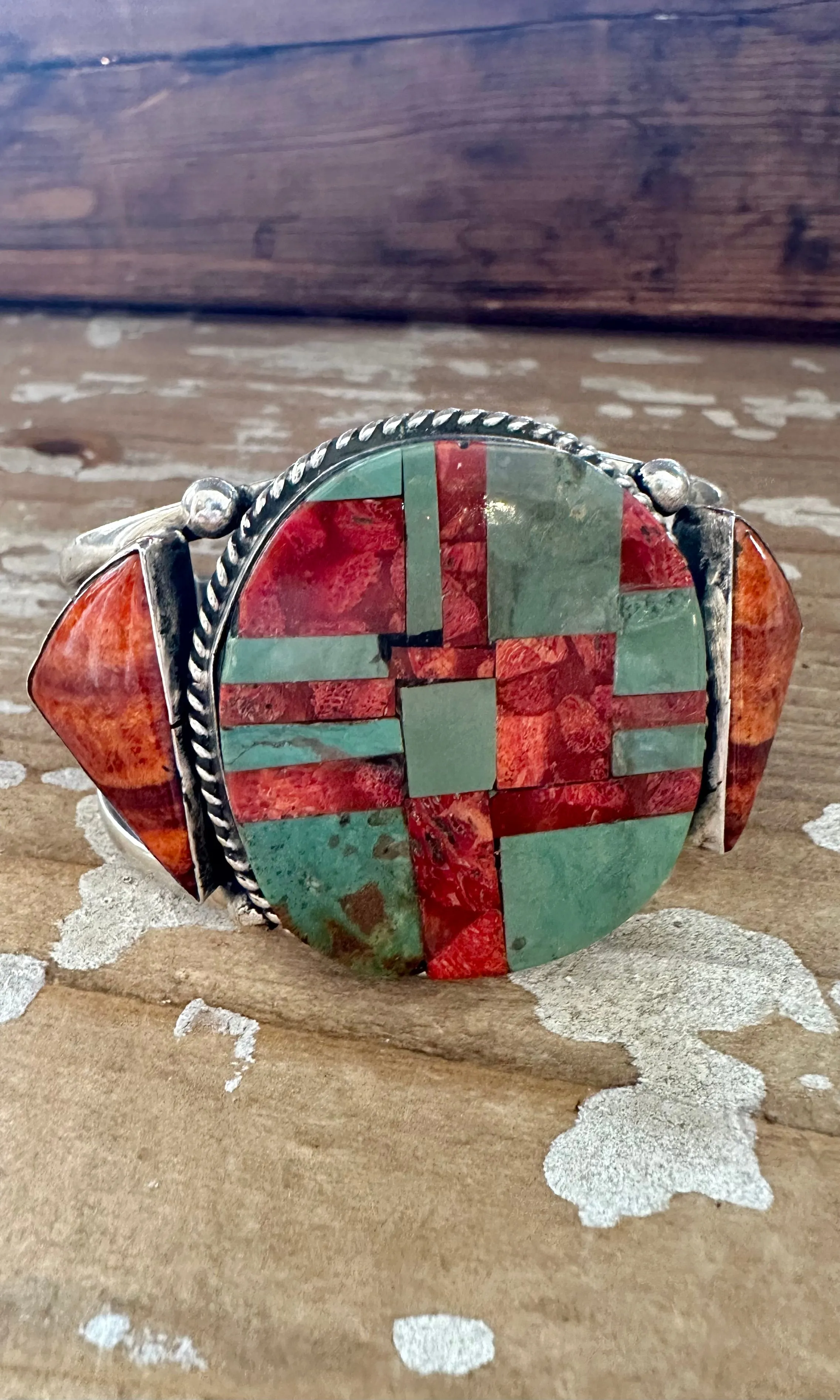 CHIMNEY BUTTE Sterling Silver, Spiny Oyster & Turquoise Inlay Cuff