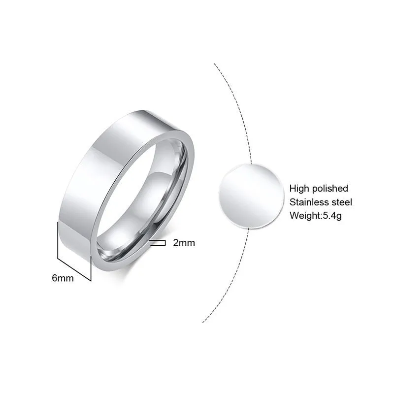 Classic Silver Color Wedding Ring Flat Top Stainless Steel Promise Ring For Women Men 6mm 8mm