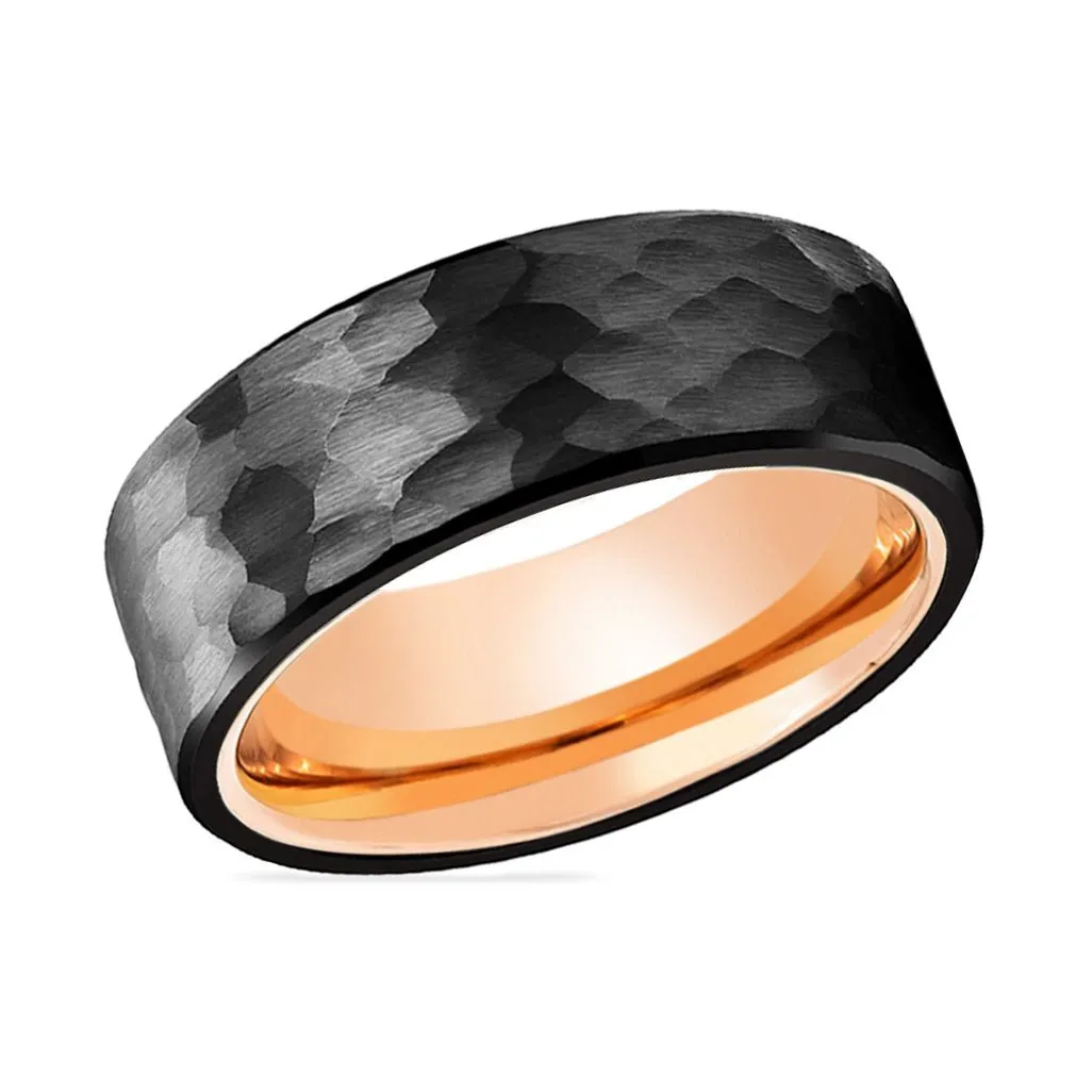 CLAW - Rose Gold Ring, Black Tungsten Ring, Hammered, Flat