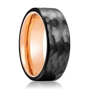 CLAW - Rose Gold Ring, Black Tungsten Ring, Hammered, Flat