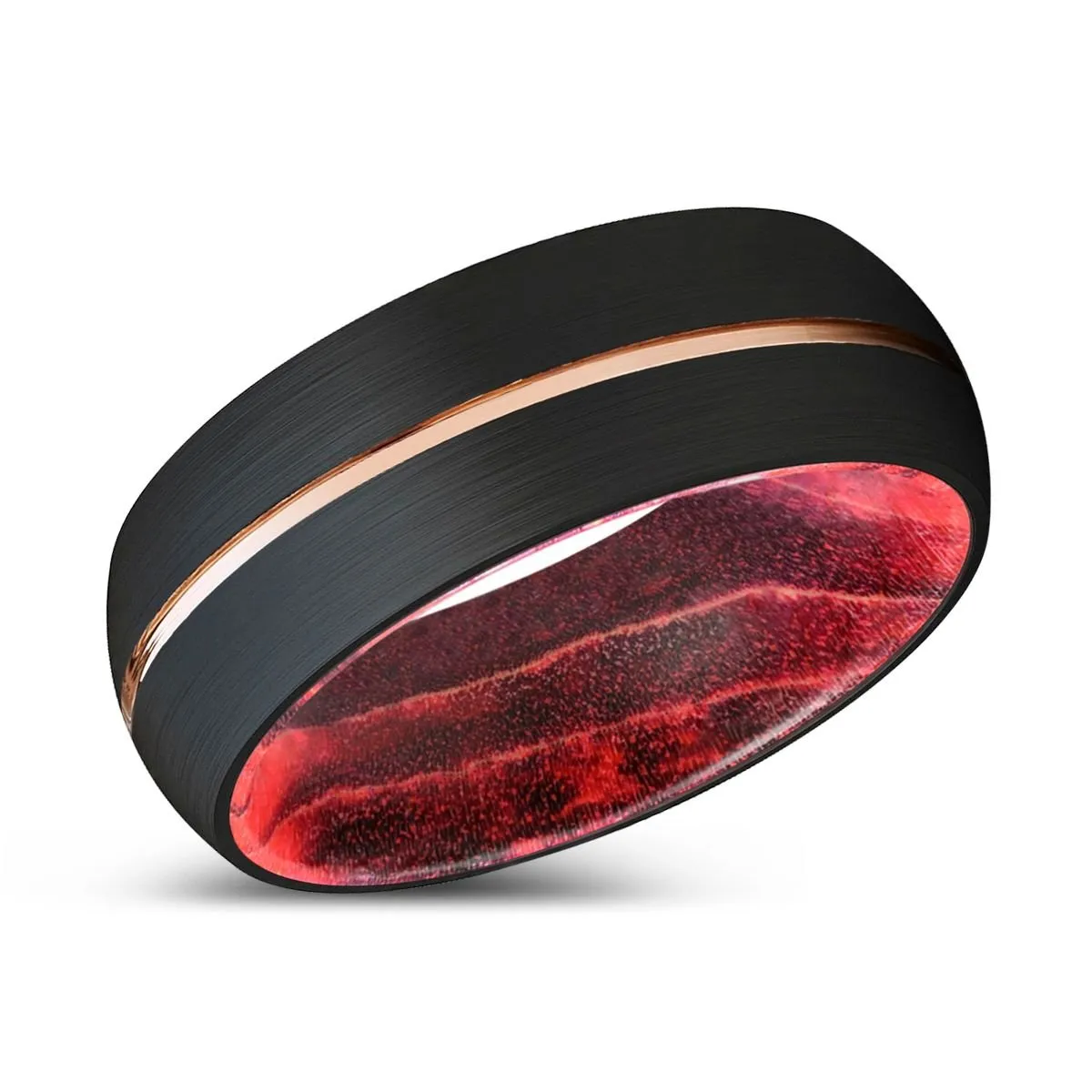 COCIA | Black & Red Wood, Black Tungsten Ring, Rose Gold Groove, Domed