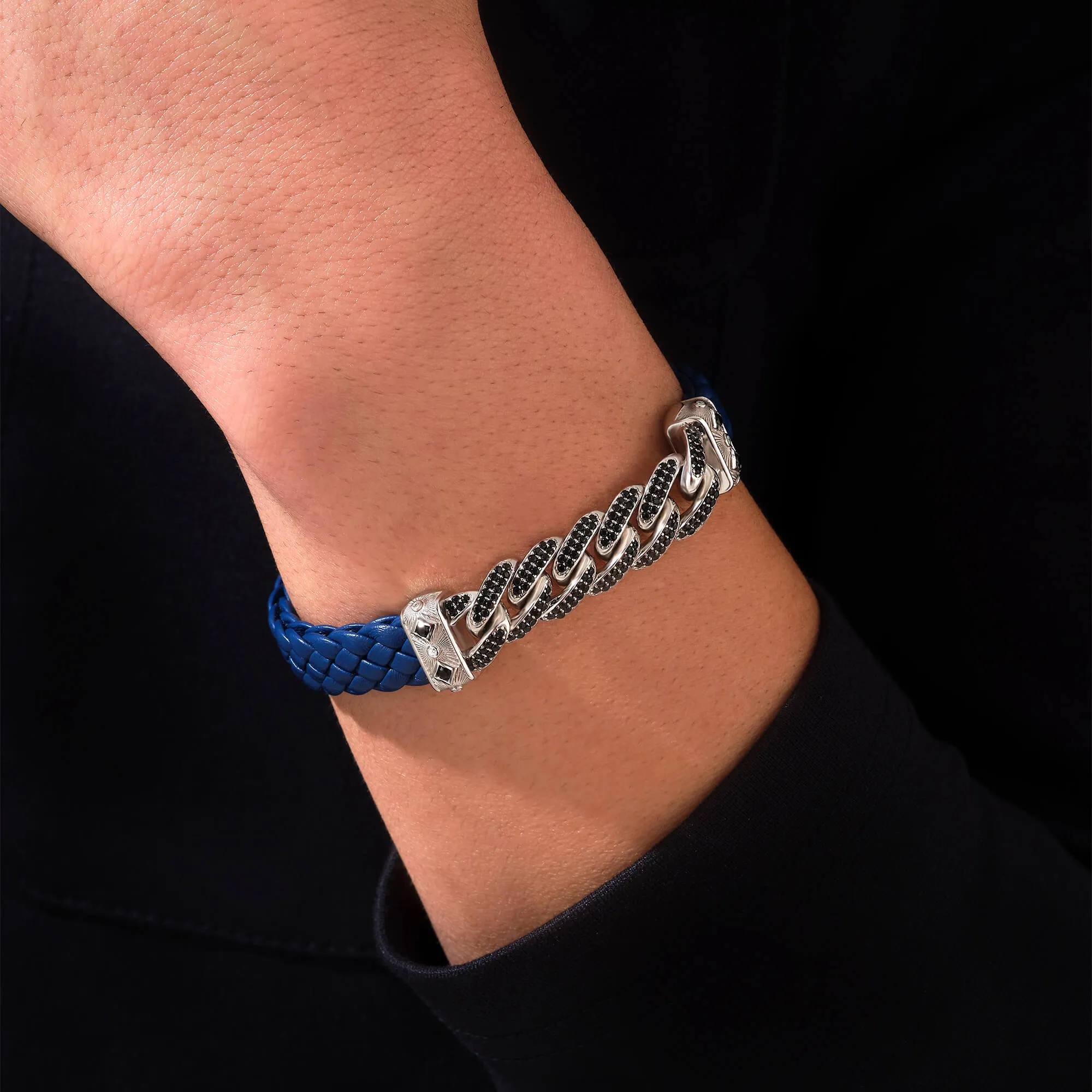 Cuban Links Woven Leather Bracelet in Silver