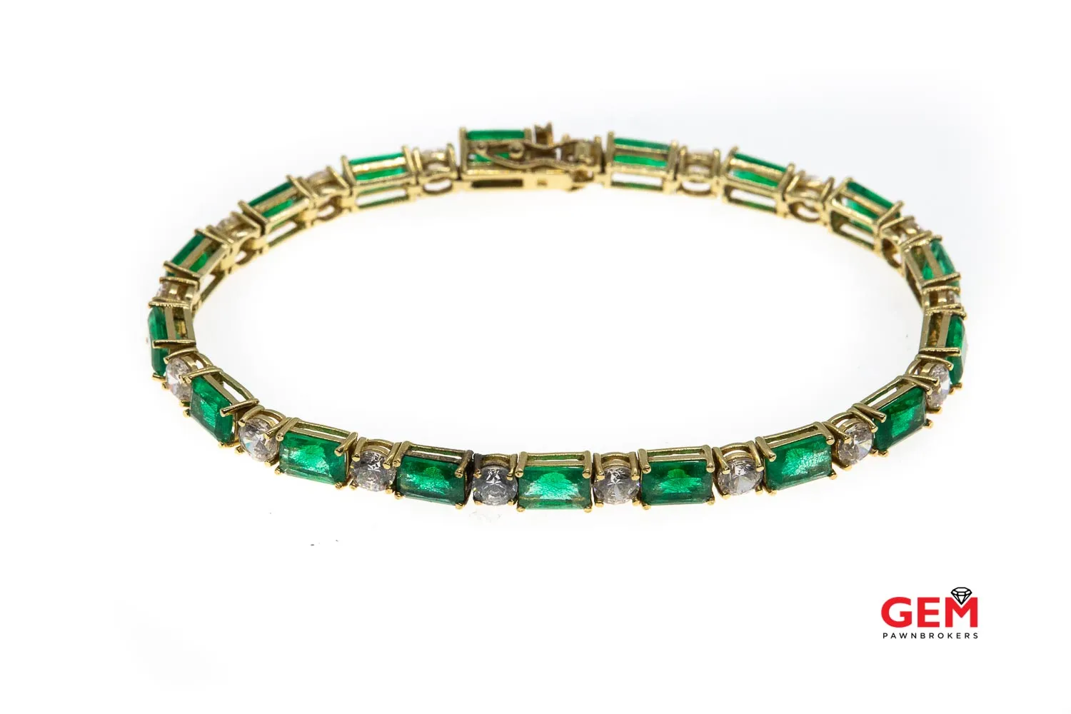 Cubic Zirconia & Emerald Cut Green Stone Tennis Bracelet 14k 585 Yellow Gold