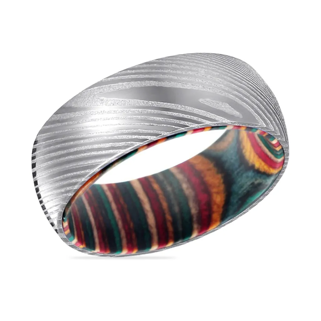 CURVE | Multi Color Wood, Silver Damascus Steel, Domed