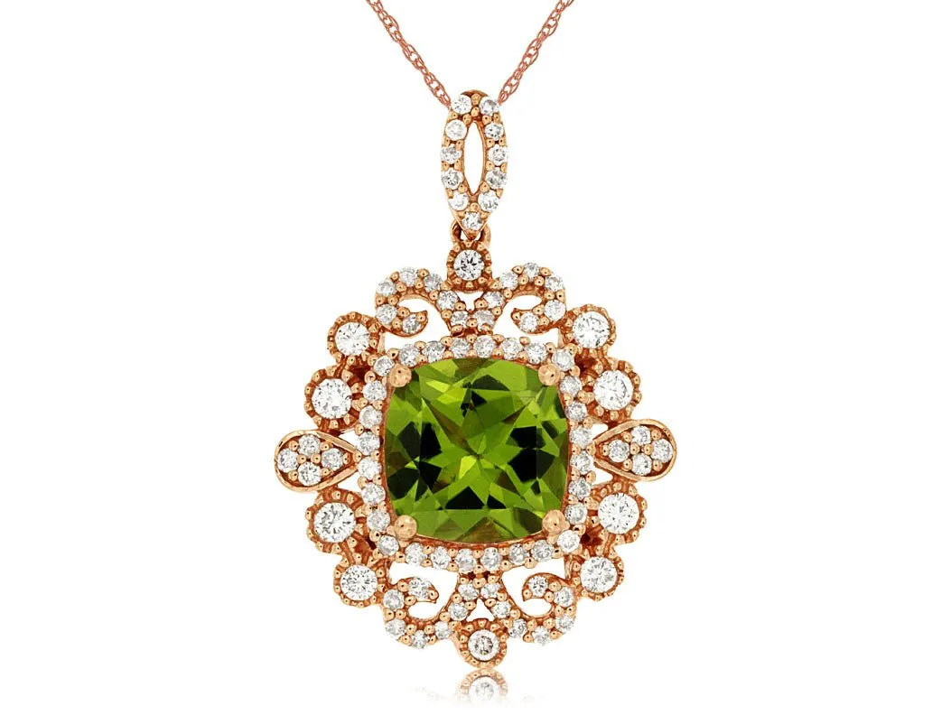 Cushion-Cut Peridot & Vintage Inspired Diamond Pendant