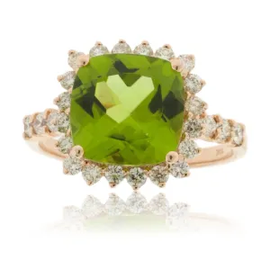 Cushion Cut Peridot and Vintage Halo Diamond Ring