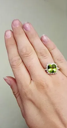 Cushion Cut Peridot and Vintage Halo Diamond Ring