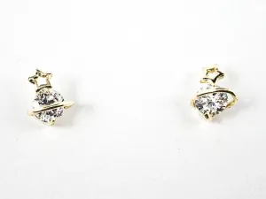 Cute Dainty Center CZ With Gold Tone Star Crown Silver Earrings