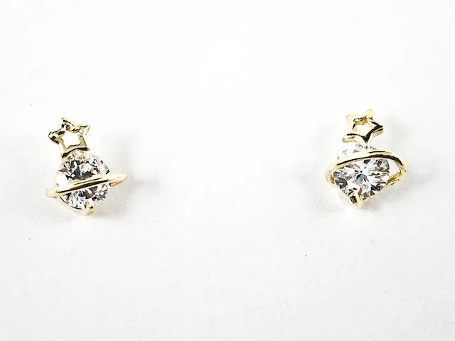 Cute Dainty Center CZ With Gold Tone Star Crown Silver Earrings