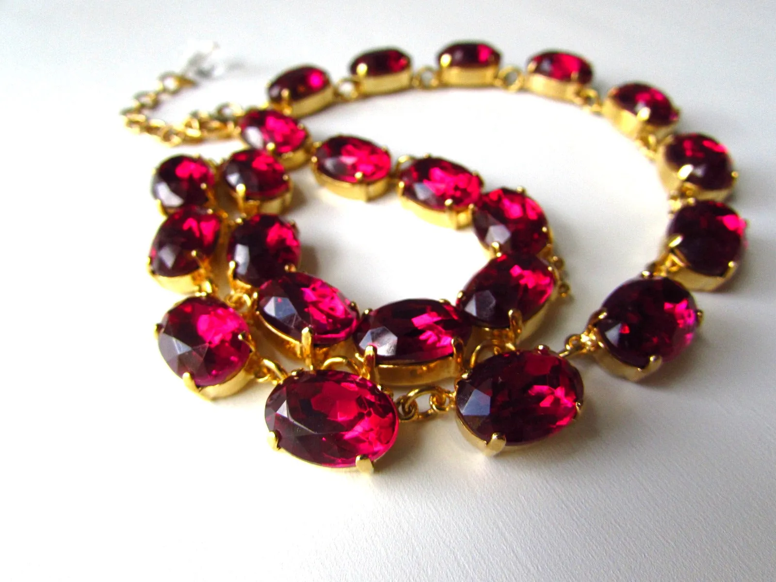 Dark Pink Crystal Collet Necklace - Medium Oval