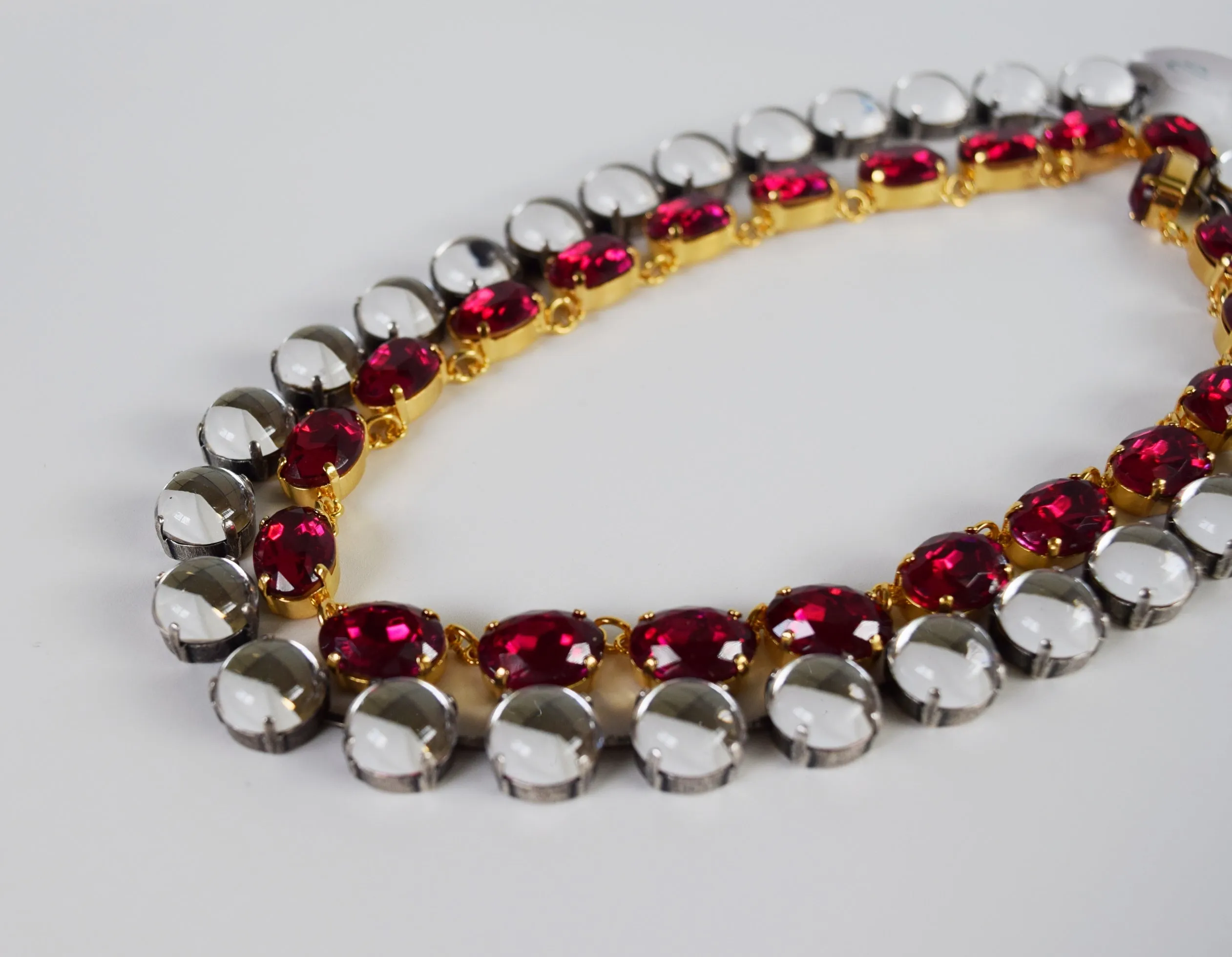 Dark Pink Crystal Collet Necklace - Medium Oval