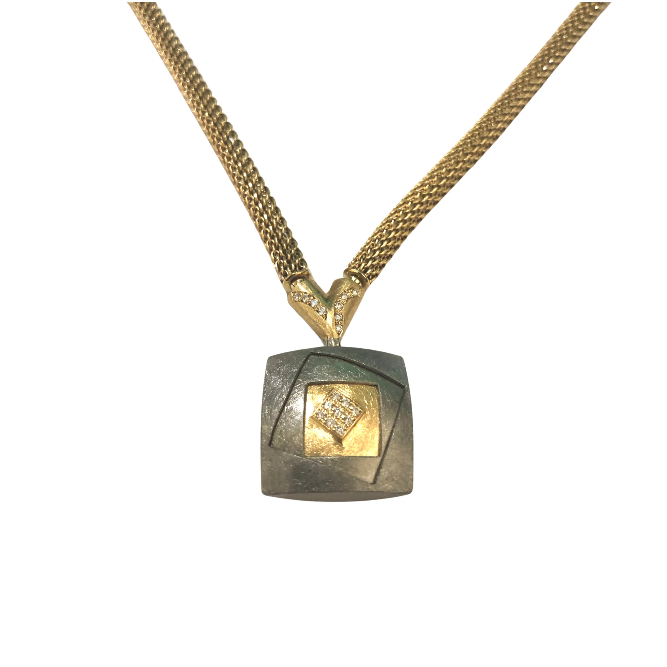 Diamond Square Pendant with Y-shape Diamond Connector on 18" Gold Mesh Chain