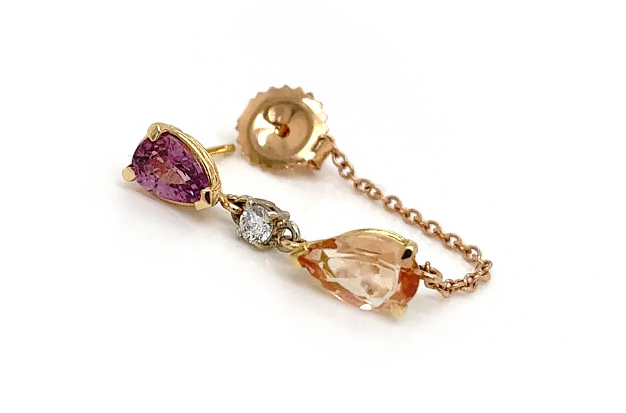 Earrings 18kt Gold Precious Topaz Purple Sapphires Chain & Diamonds