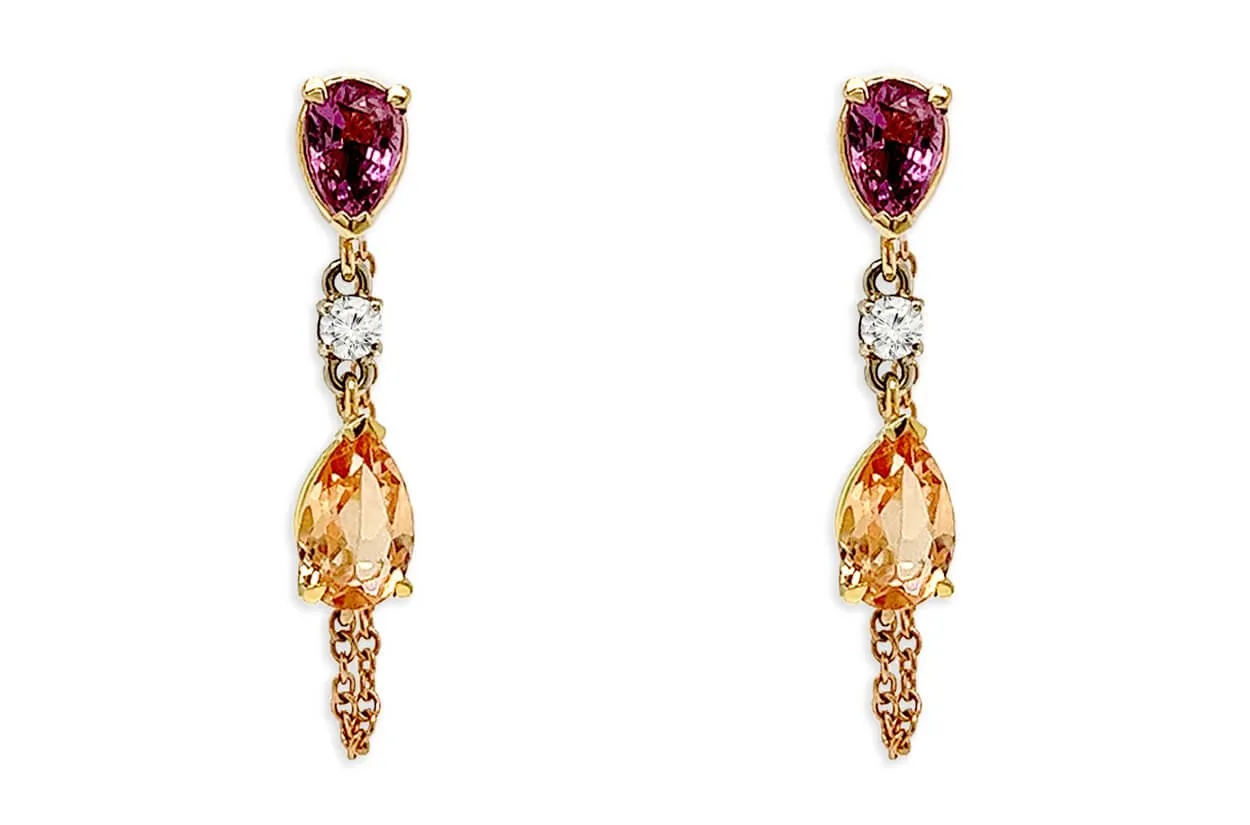 Earrings 18kt Gold Precious Topaz Purple Sapphires Chain & Diamonds