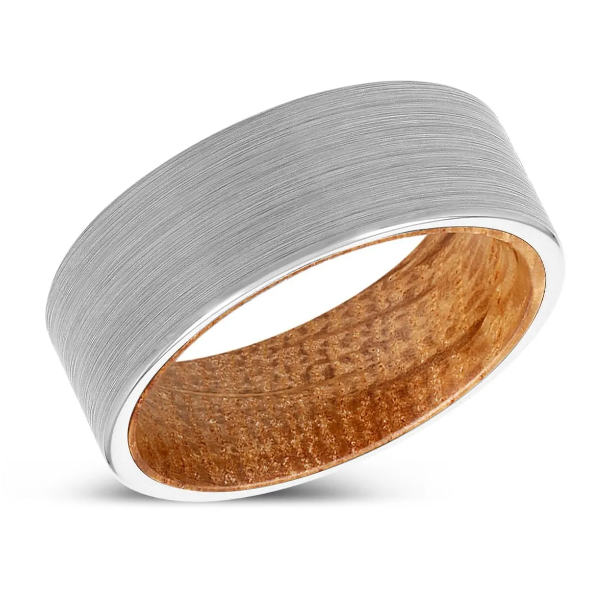 EASTWOOD | Whiskey Barrel Wood, White Tungsten Ring, Brushed, Flat