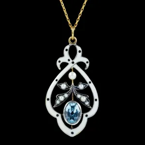 Edwardian Style Blue Topaz Pearl Pendant Necklace White Enamel 9Ct Gold Silver