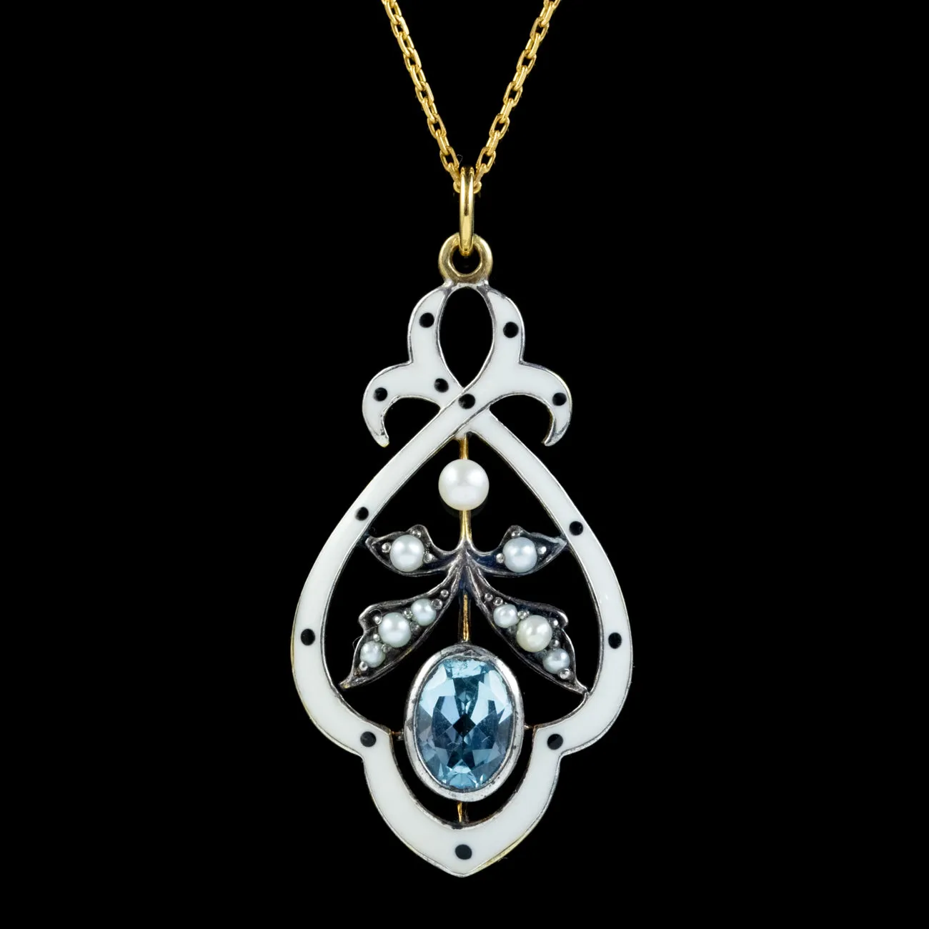 Edwardian Style Blue Topaz Pearl Pendant Necklace White Enamel 9Ct Gold Silver