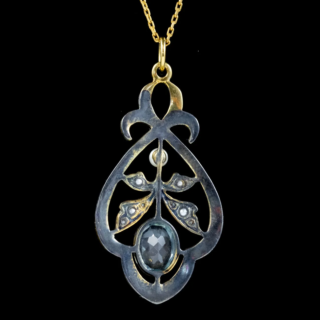 Edwardian Style Blue Topaz Pearl Pendant Necklace White Enamel 9Ct Gold Silver