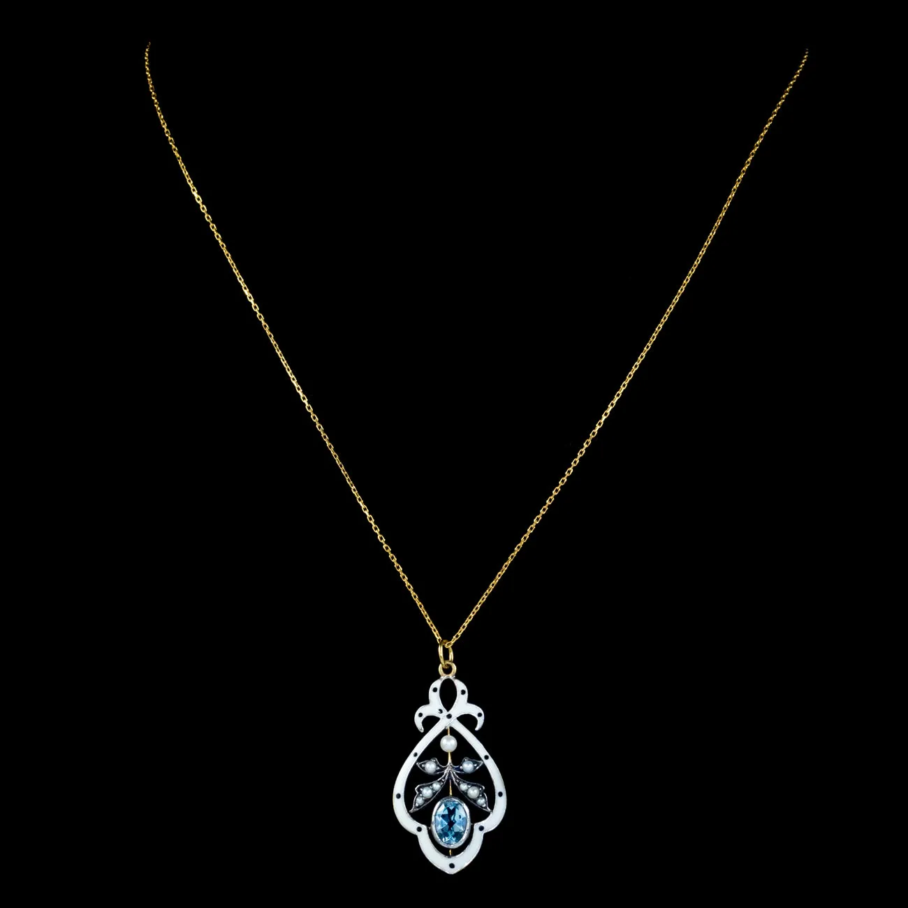 Edwardian Style Blue Topaz Pearl Pendant Necklace White Enamel 9Ct Gold Silver