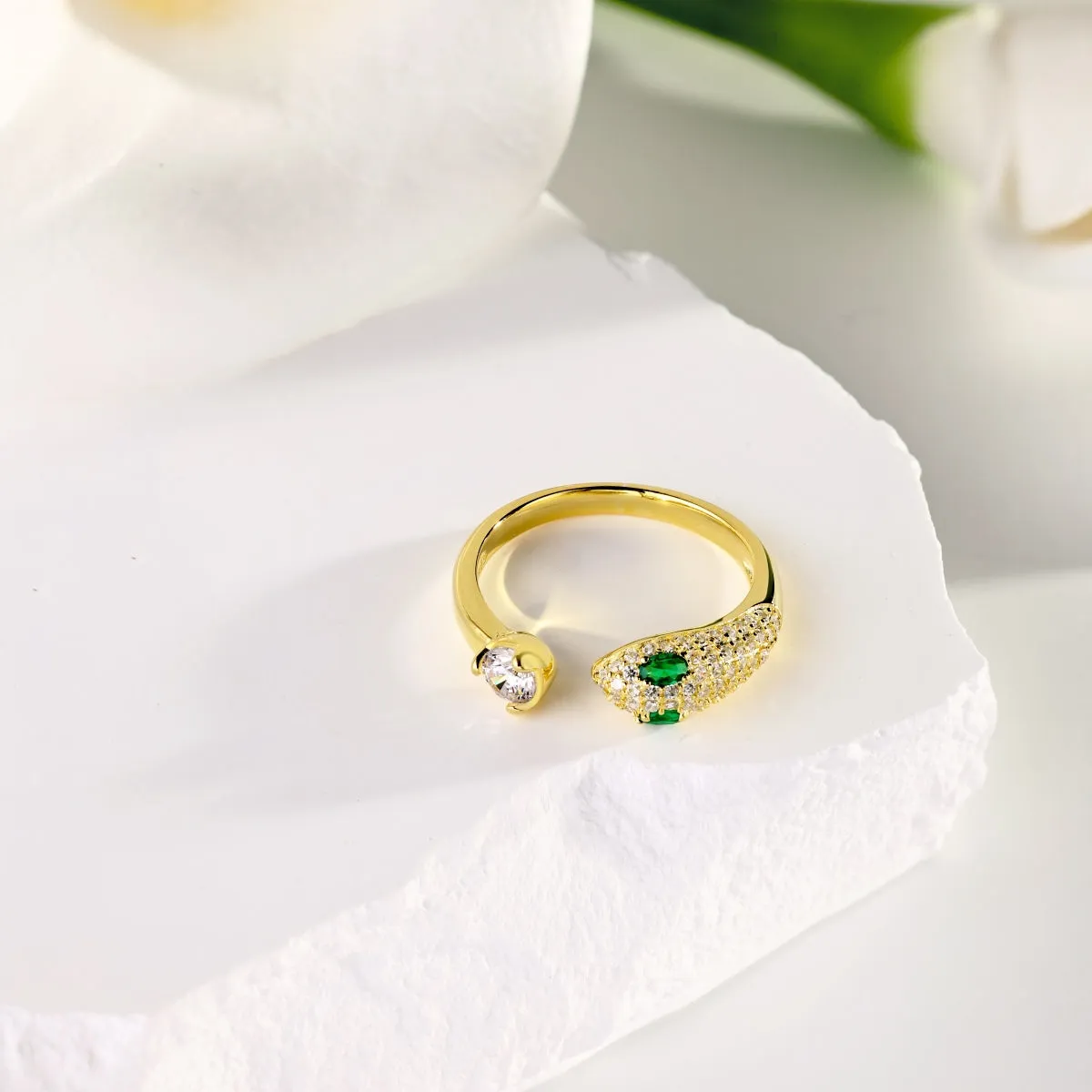 Emerald & Diamond CZ Adjustable Open Snake Ring - Gold