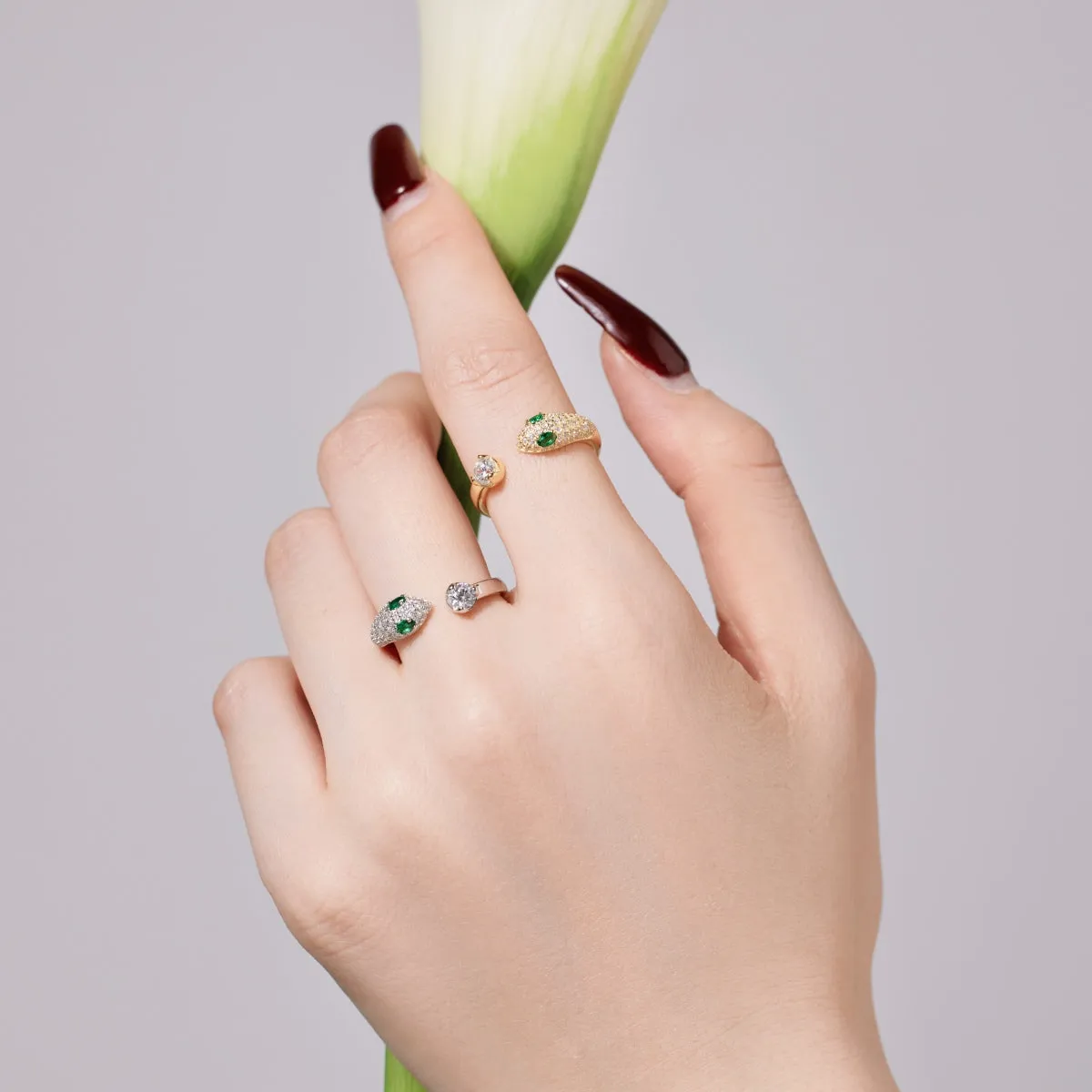 Emerald & Diamond CZ Adjustable Open Snake Ring - Gold