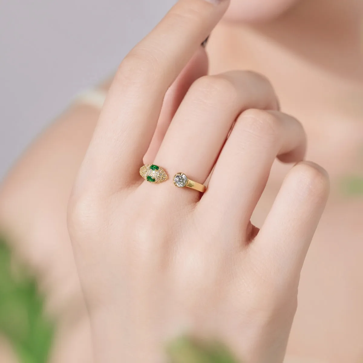 Emerald & Diamond CZ Adjustable Open Snake Ring - Gold