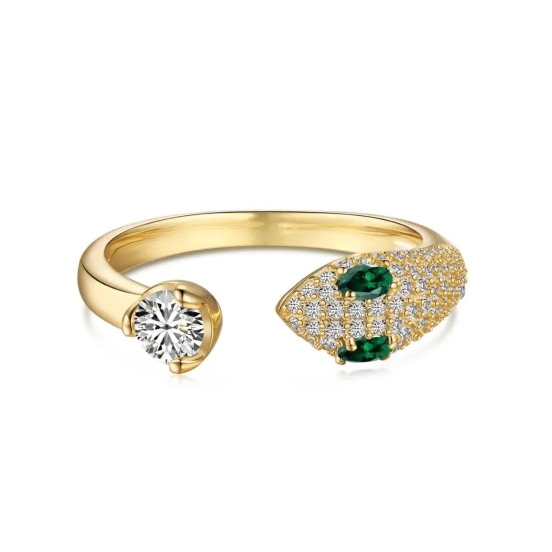 Emerald & Diamond CZ Adjustable Open Snake Ring - Gold