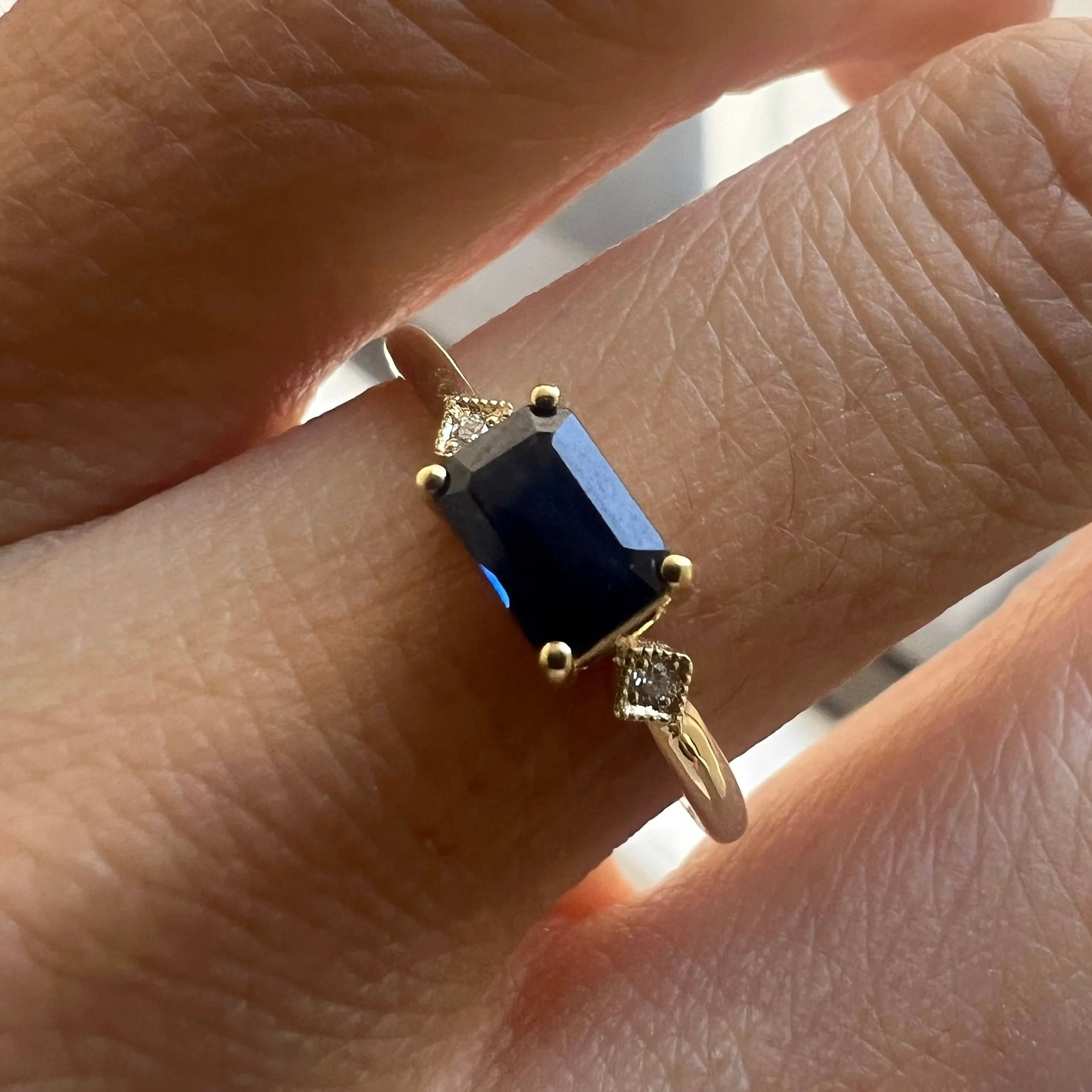 Emerald Cut Blue Sapphire Square Deco Ring (ready to ship option)*