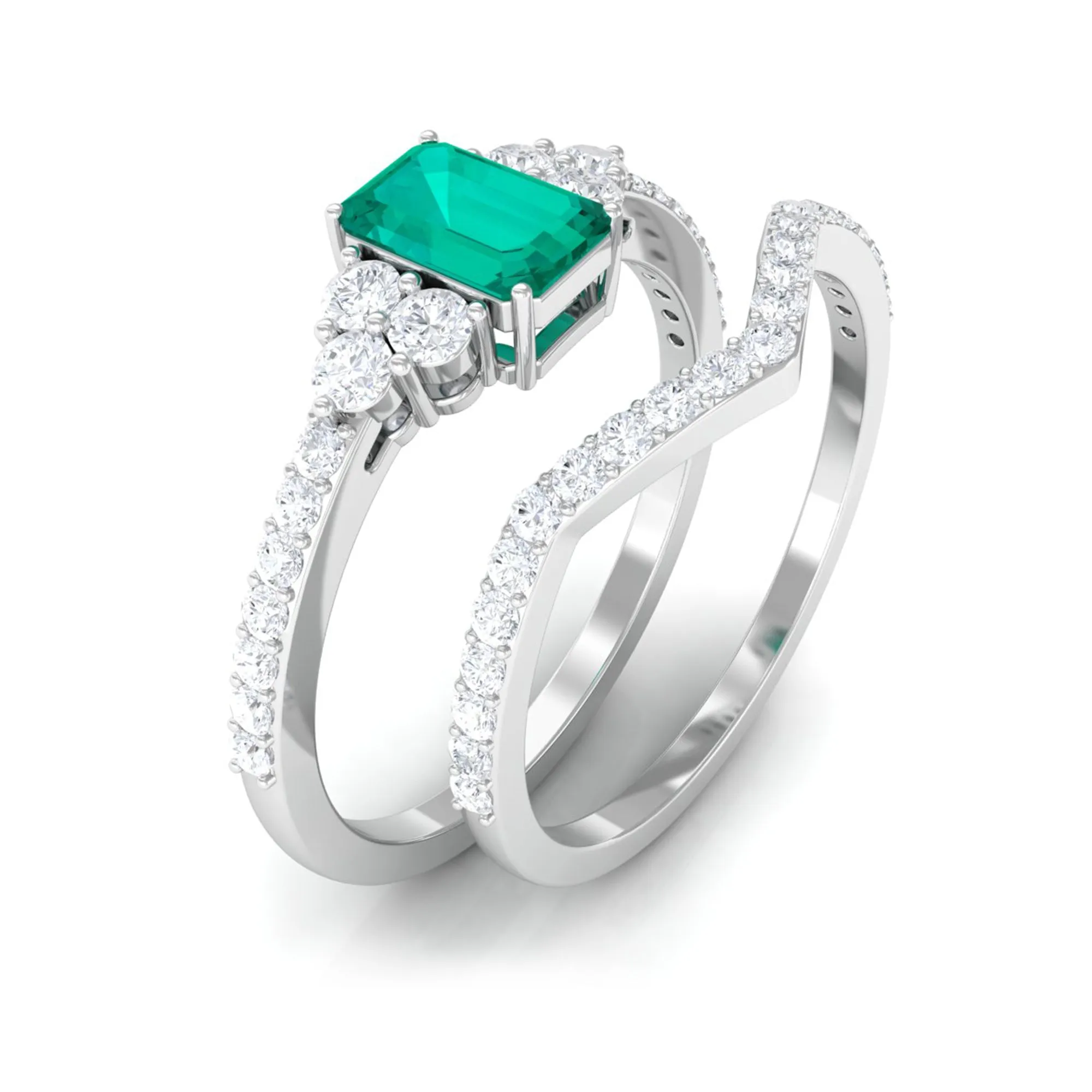 Emerald cut Emerald Ring Set with Diamond Stones