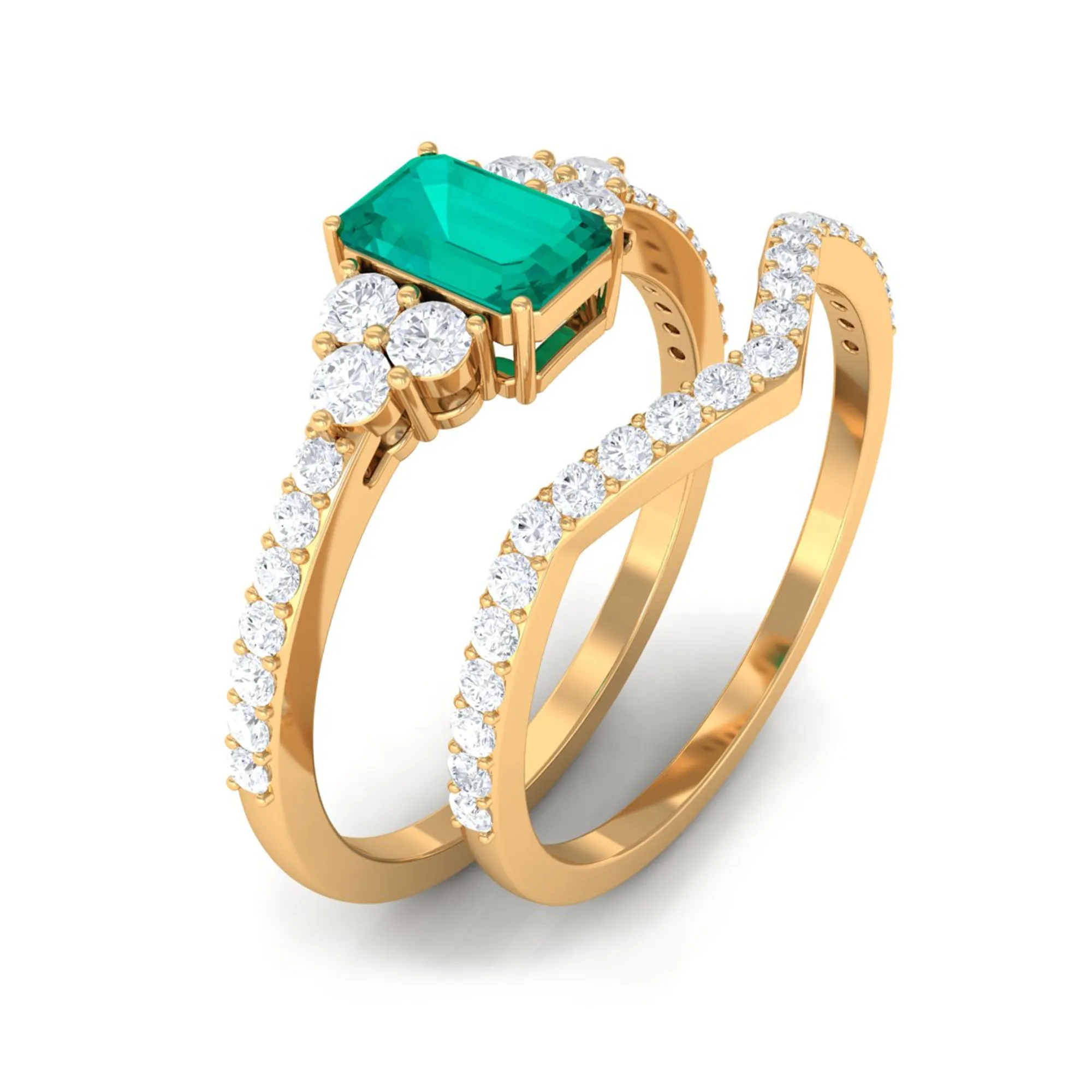 Emerald cut Emerald Ring Set with Diamond Stones