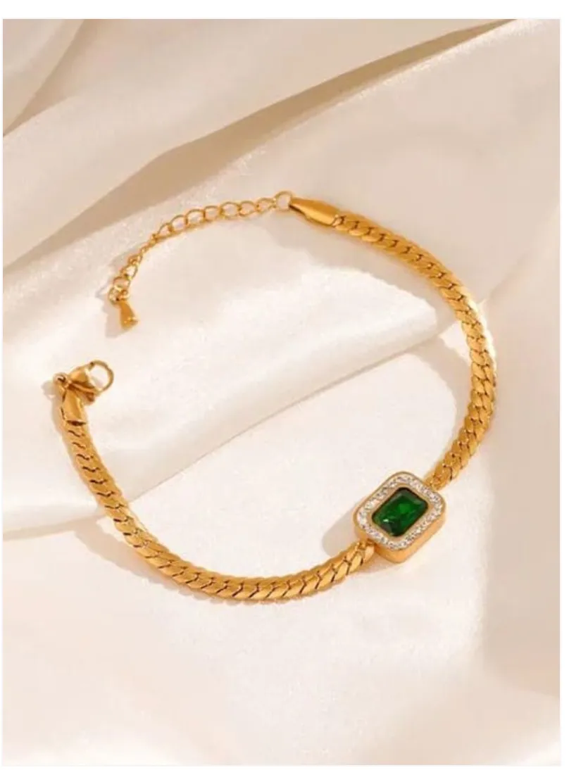 Emerald Green Curb 18K Gold Anti Tarnish Stainless Steel Bracelet