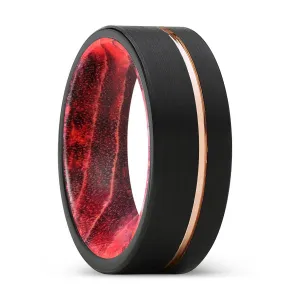 EMERSON | Black & Red Wood, Black Tungsten Ring, Rose Gold Offset Groove, Brushed, Flat