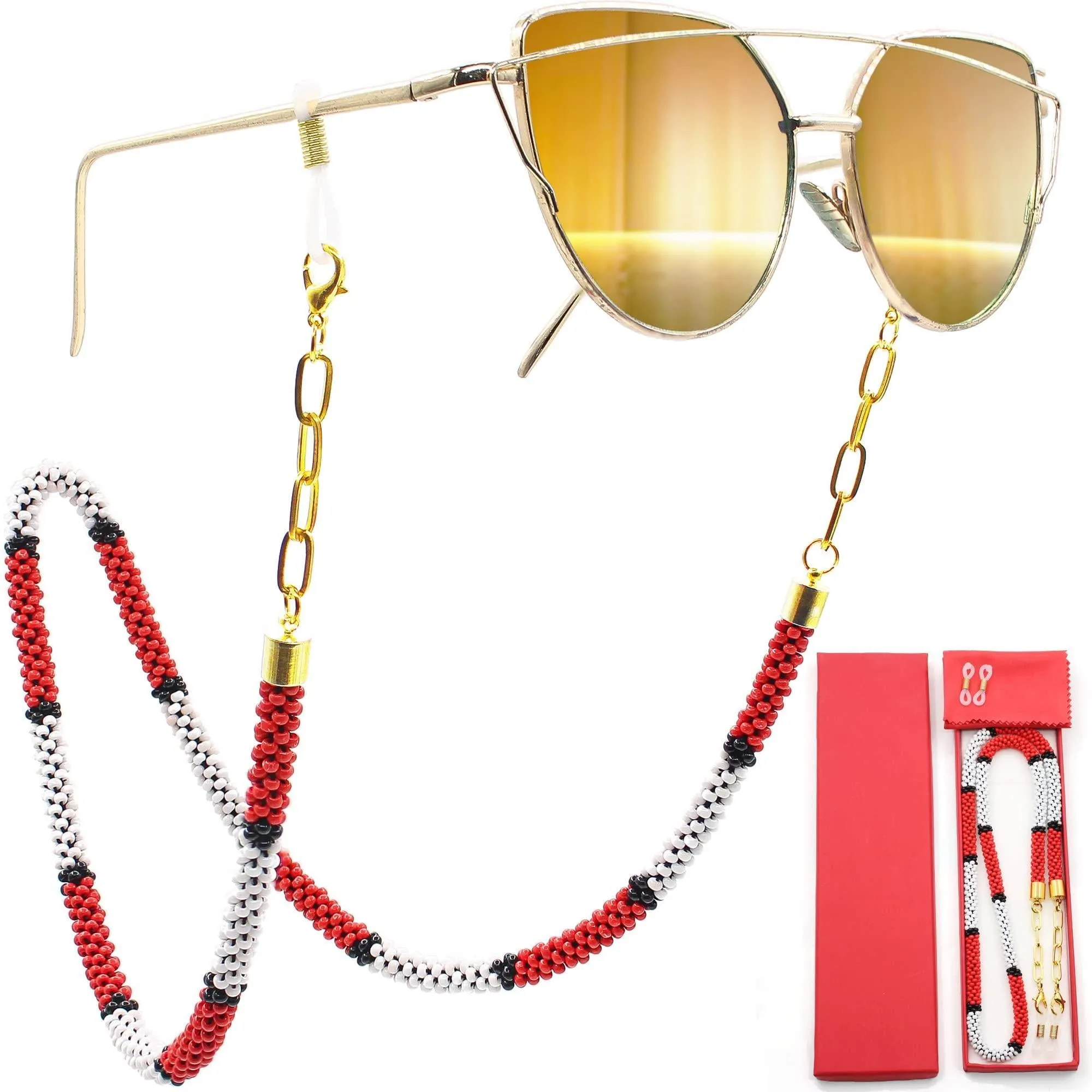 Eyeglass Chain Holder Necklace  Red Premium Beaded Glasses Strap for Sunglasses