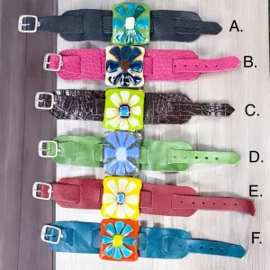 Flower Power Fused Glass Leather Buckle Bracelet