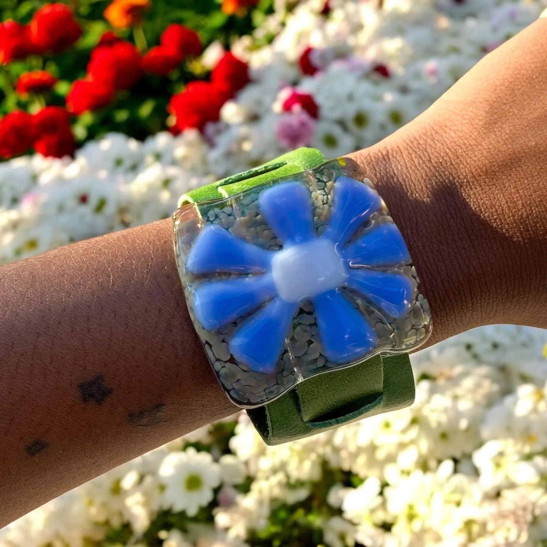 Flower Power Fused Glass Leather Buckle Bracelet