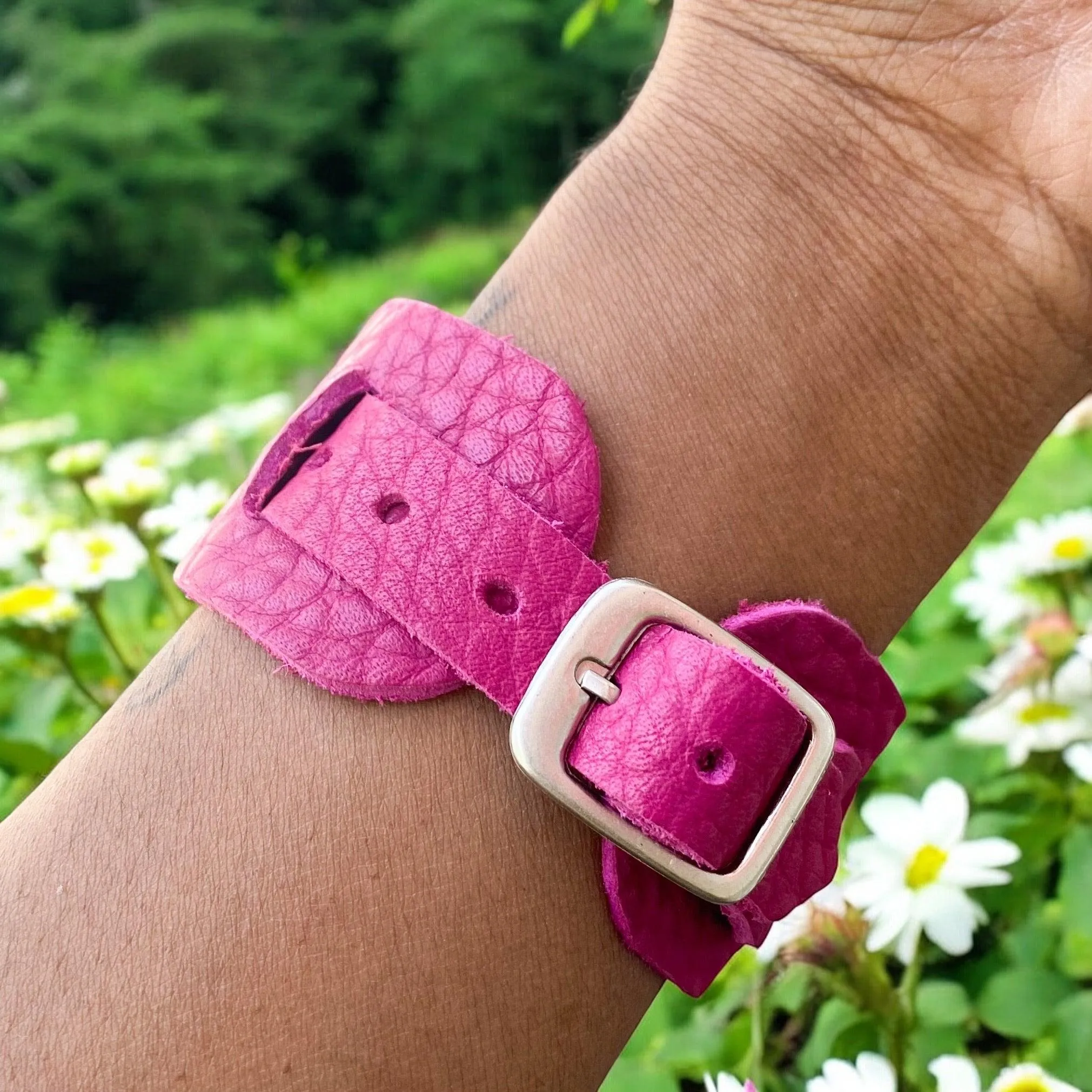 Flower Power Fused Glass Leather Buckle Bracelet