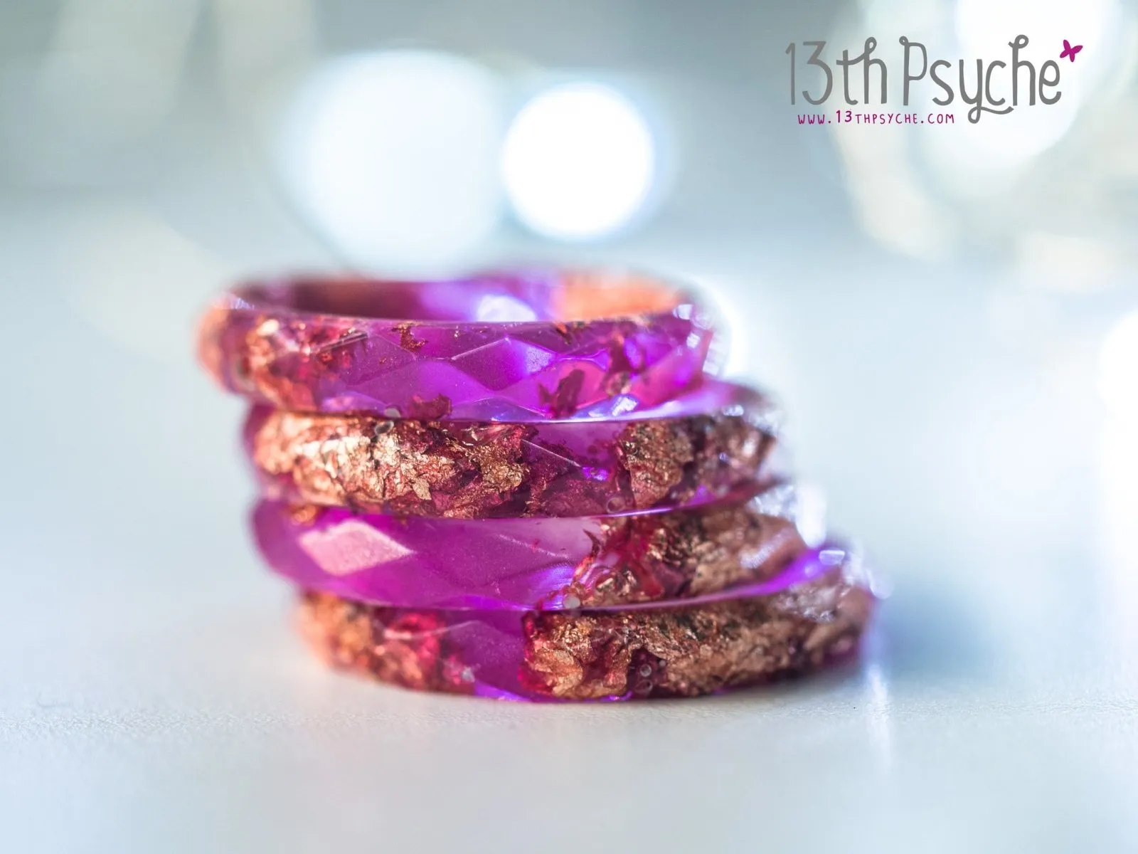 Fuschia and rose gold flakes faceted resin ring