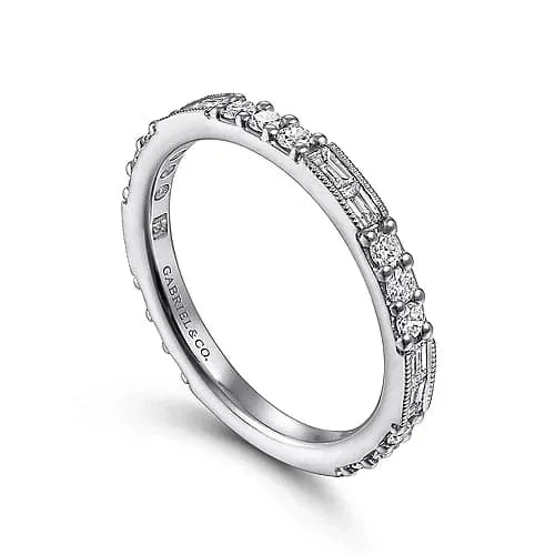 Gabriel & Co. White Gold Baguette and Round Diamond Stackable Ring