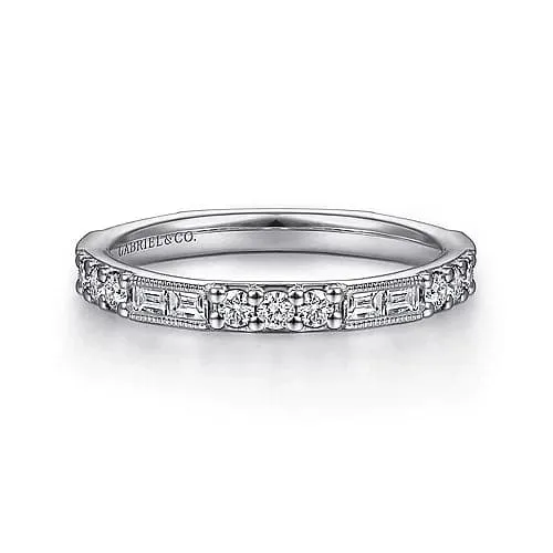 Gabriel & Co. White Gold Baguette and Round Diamond Stackable Ring