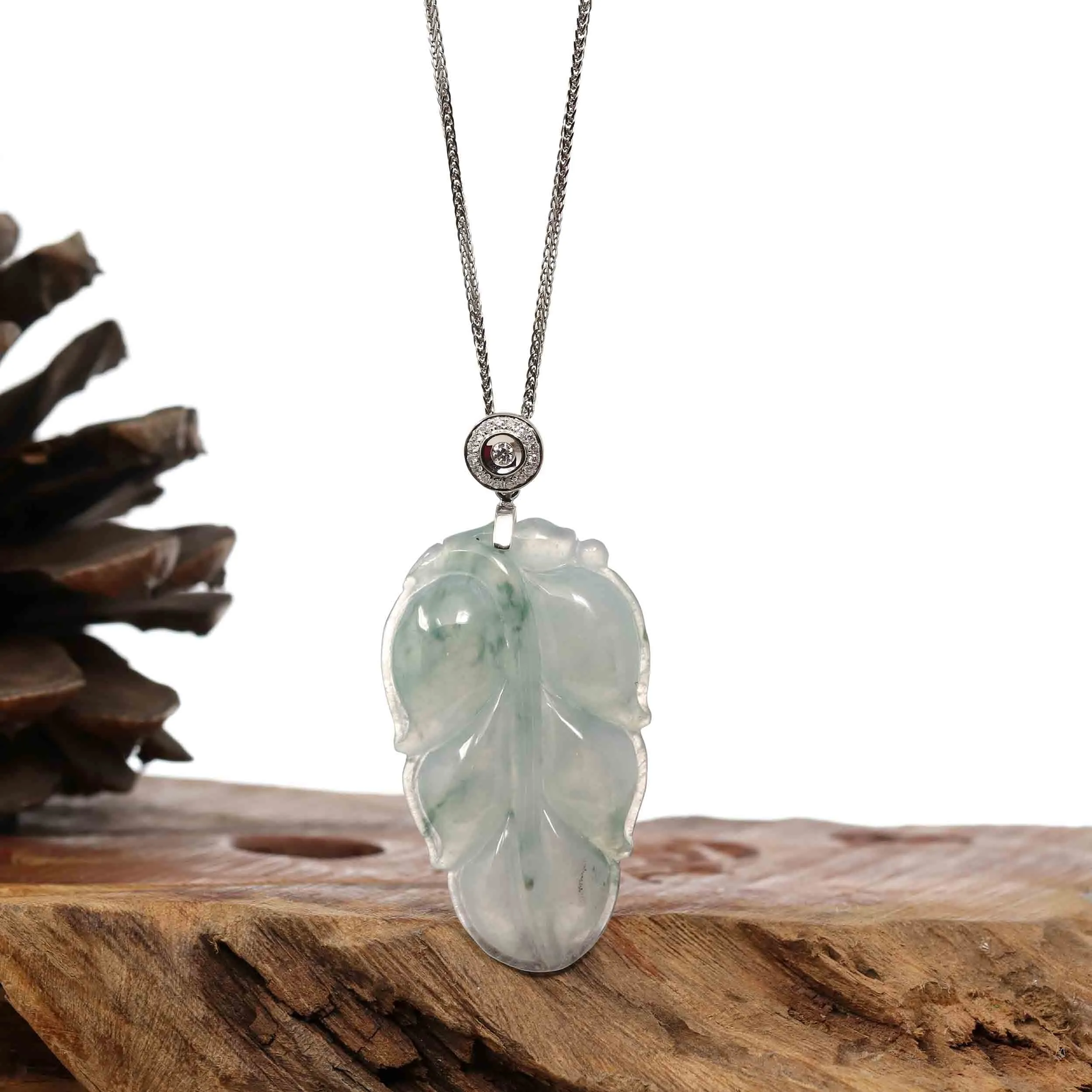 Genuine Ice Jadeite Jade Jin Zhi Yu Ye (Leaf) Necklace With White Gold VS1 Diamond Bail