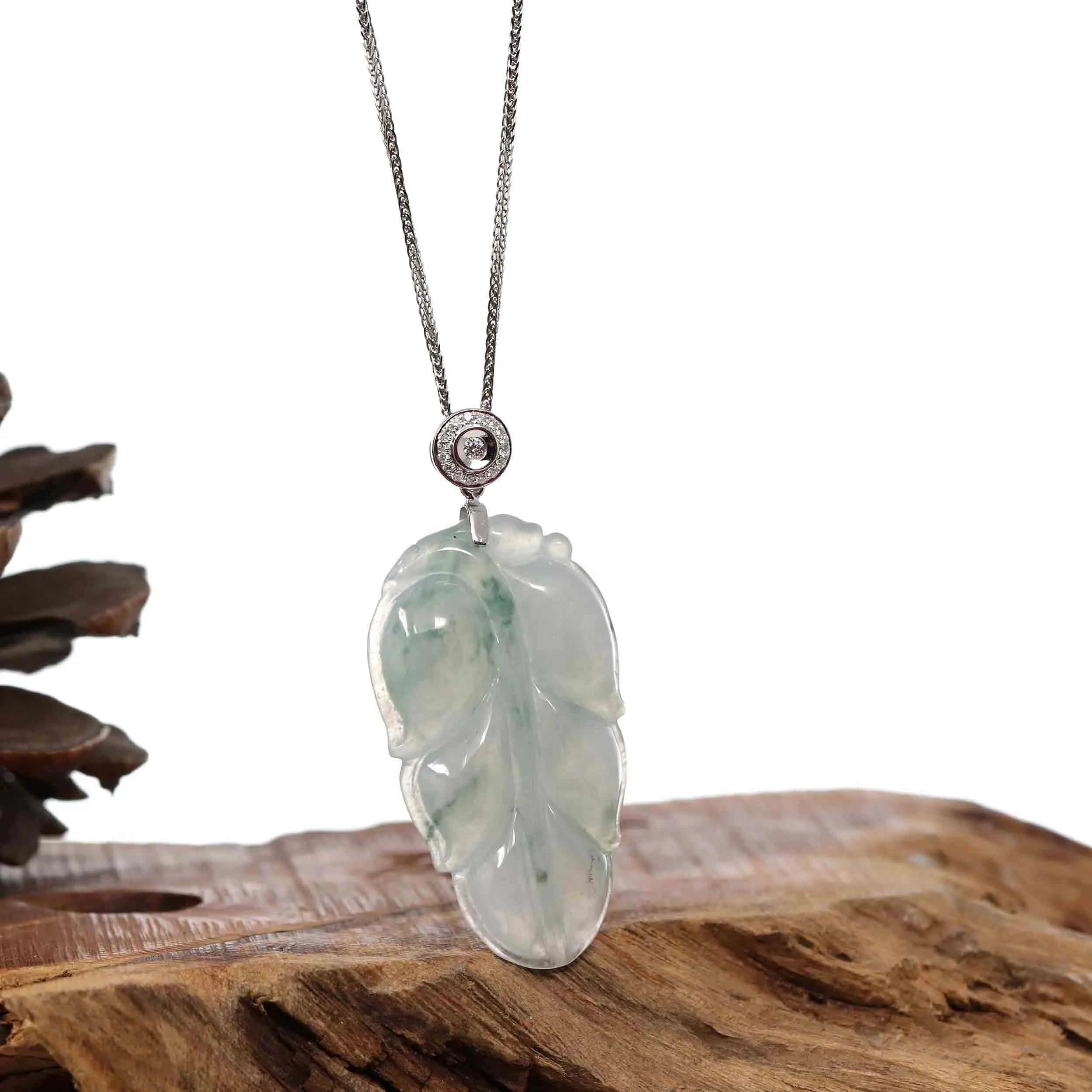 Genuine Ice Jadeite Jade Jin Zhi Yu Ye (Leaf) Necklace With White Gold VS1 Diamond Bail