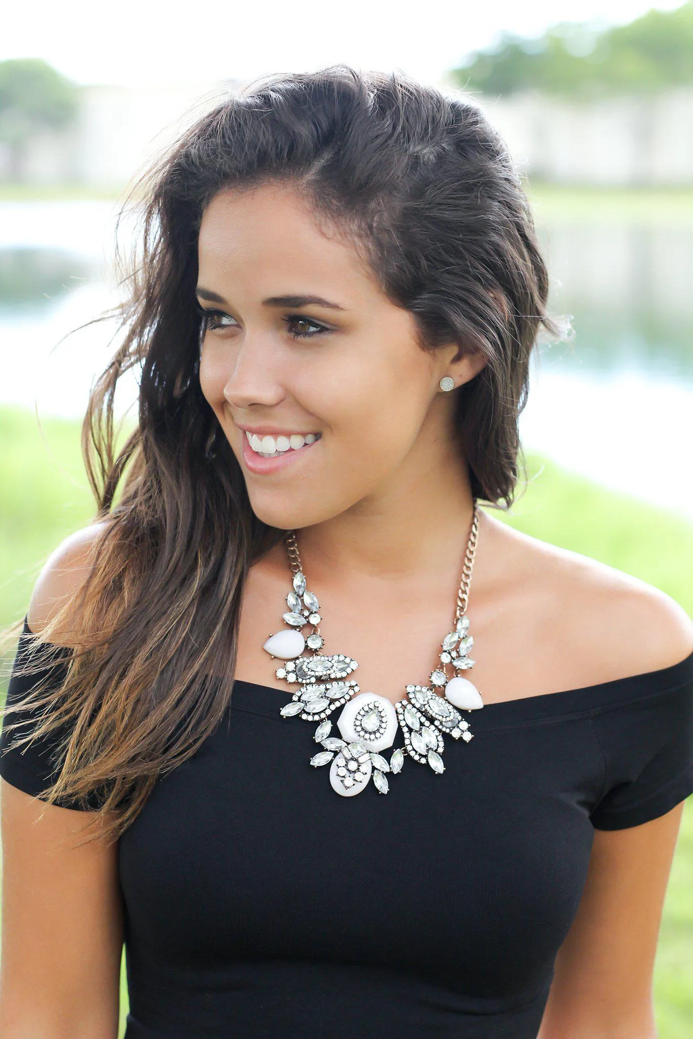 Gold and White Crystal Necklace