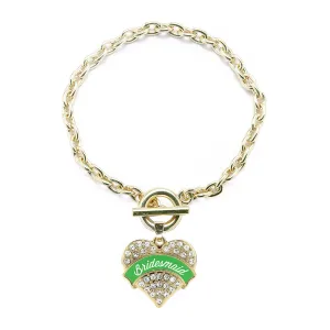 Gold Emerald Green Bridesmaid Pave Heart Charm Toggle Bracelet