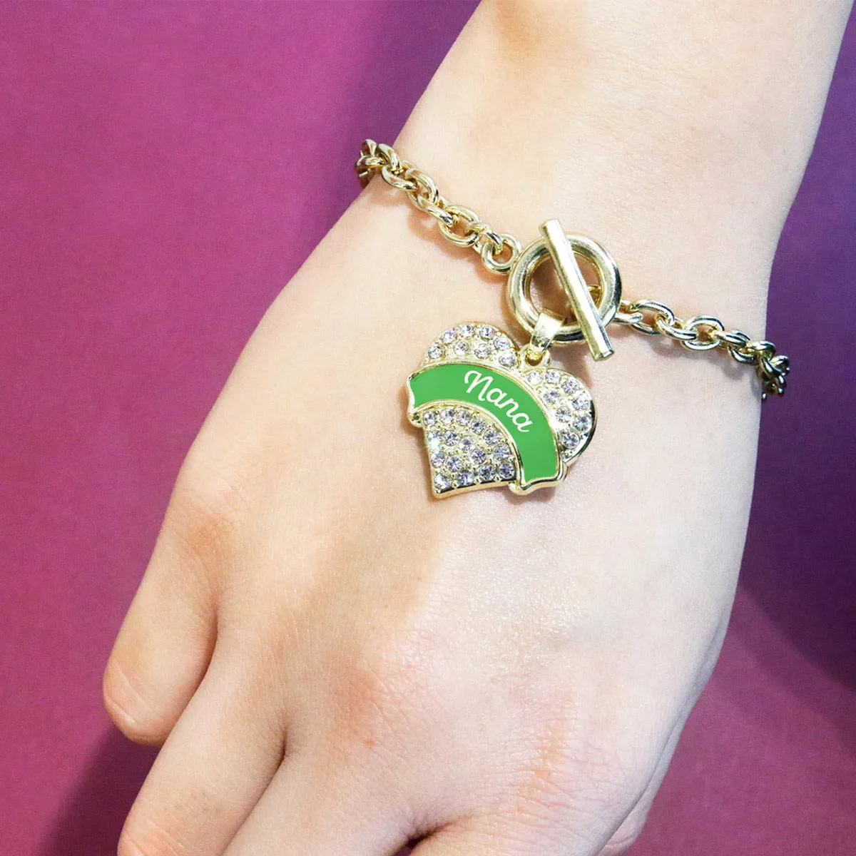 Gold Emerald Green Nana Pave Heart Charm Toggle Bracelet